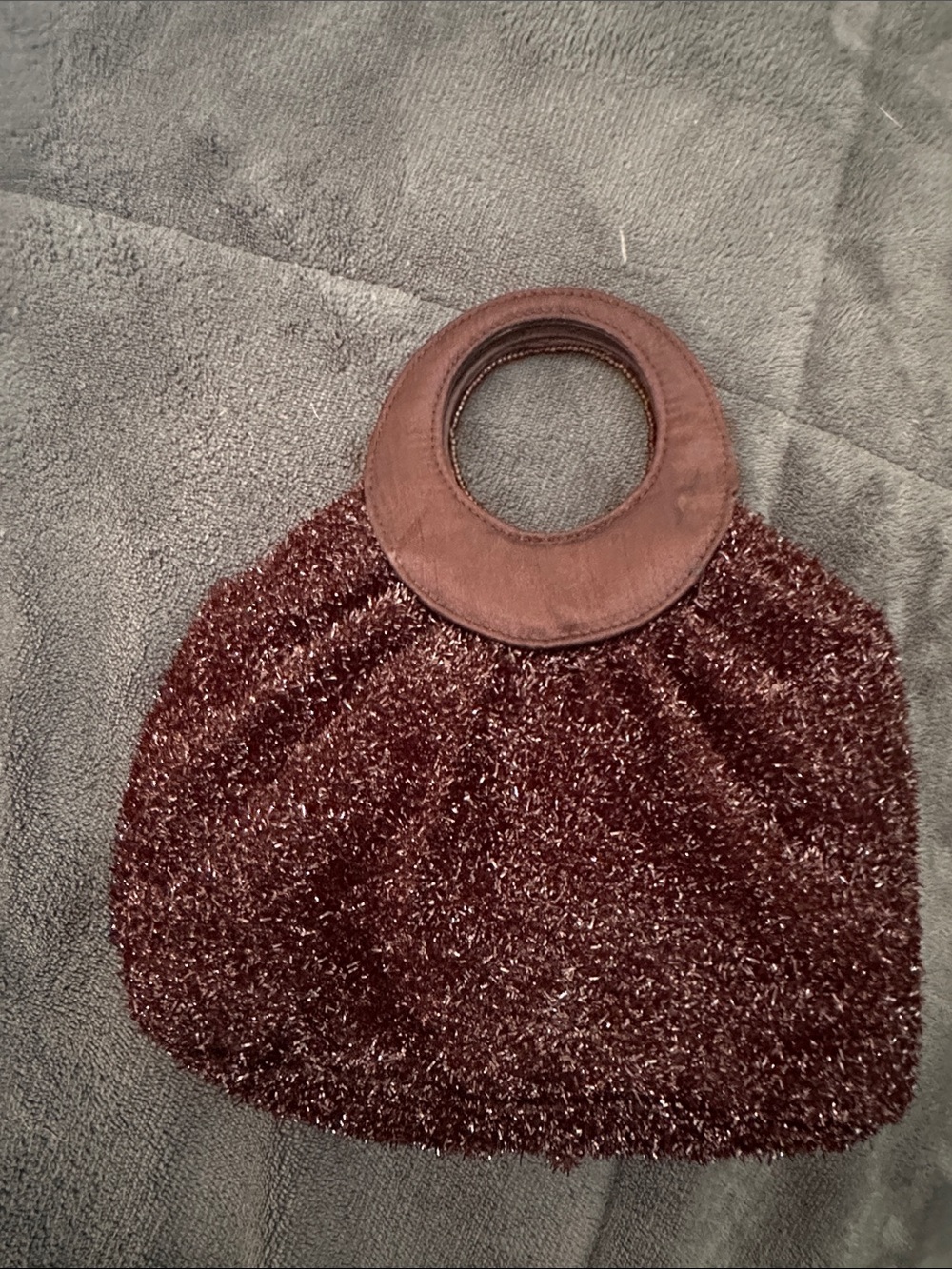 Plush Knit Handbag with beaded Circular Handle - Brown